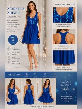 A+D Blue Sequin Bubble Dress Sleeveless Party Cocktail Dress NWOT